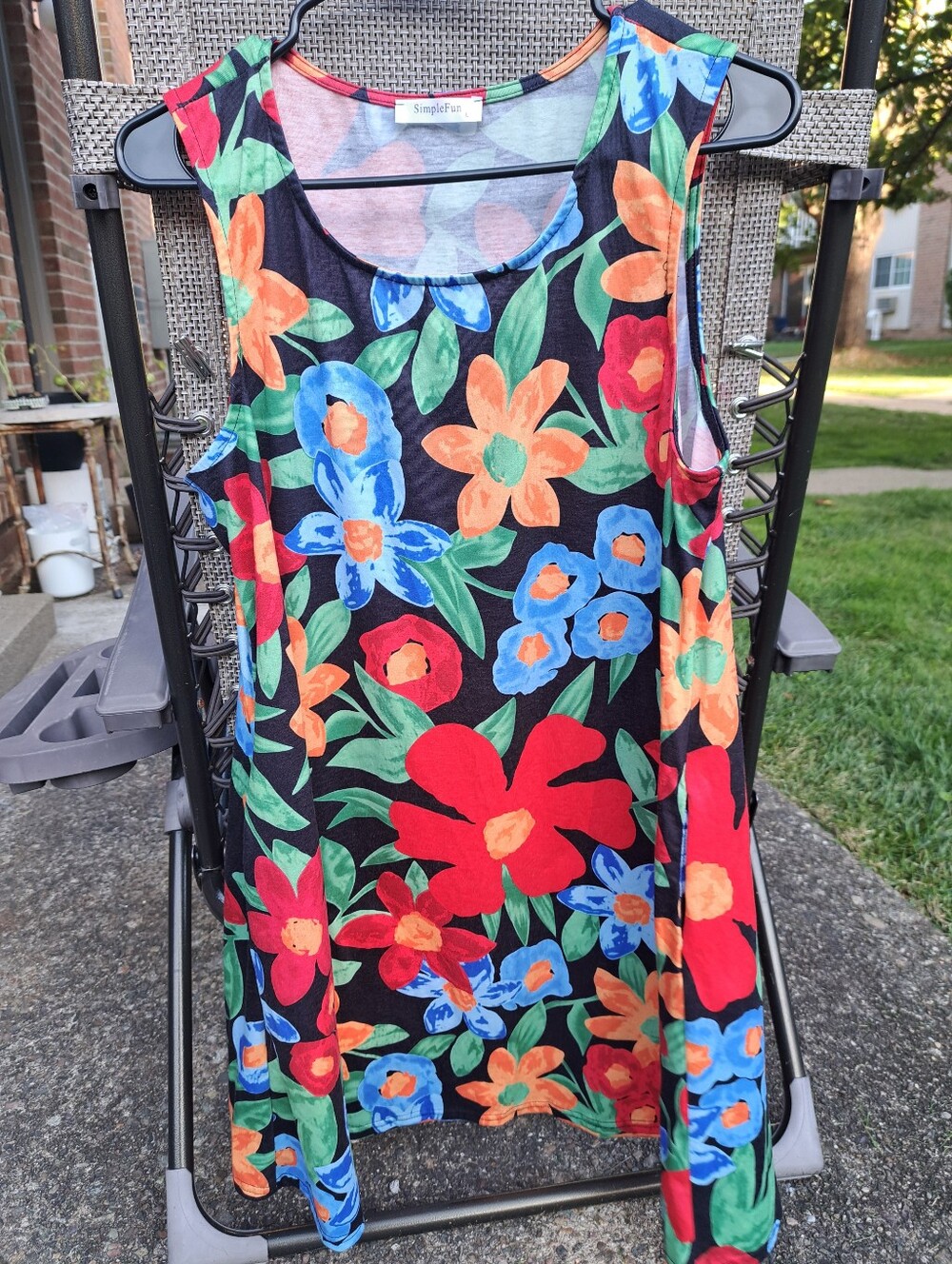 Simple Fun Floral Tank Dress - Black with Red, Blue & Orange Flowers